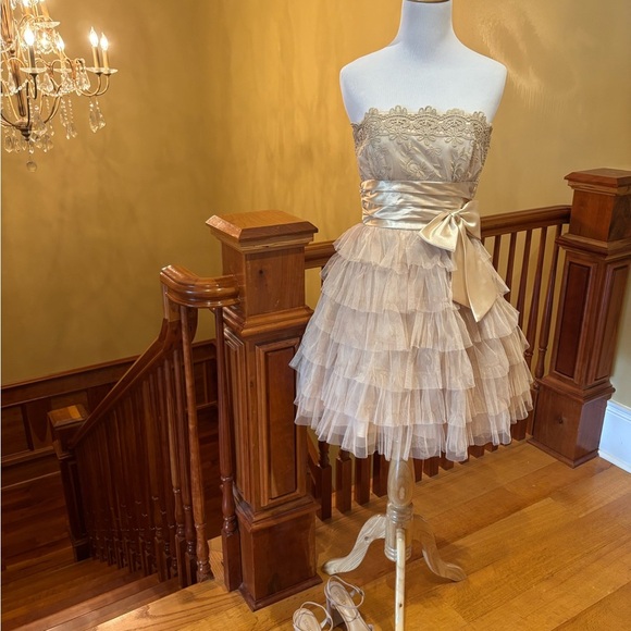 Champagne Gold Dress w/Bow and Tulle Fairiycore Ethereal Romantic Sweet - Picture 2 of 16